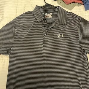 Large black and grey striped Under Armor polo.